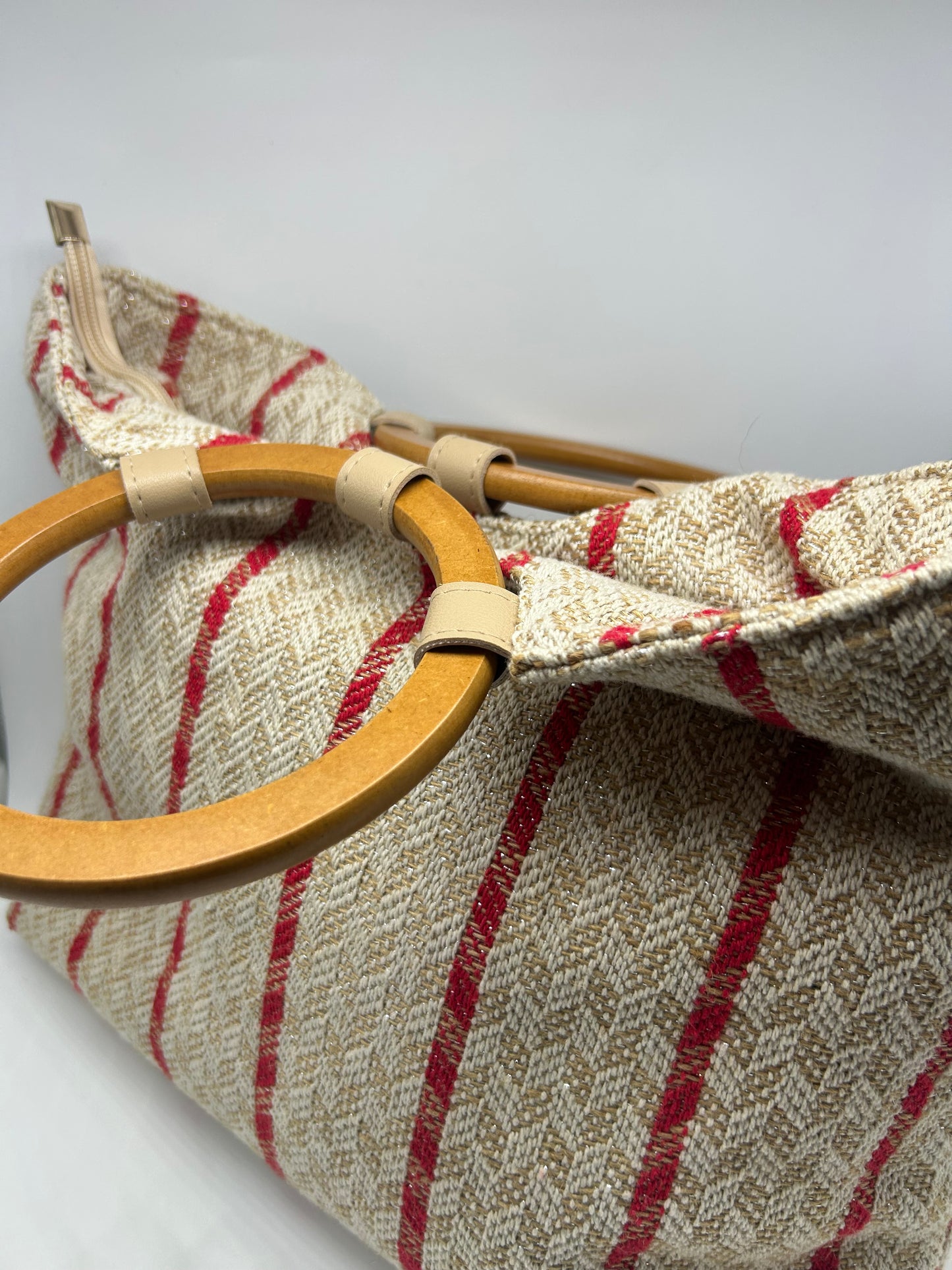 PRELOVED♡ Cream and Red Striped Tote with Bamboo Handle