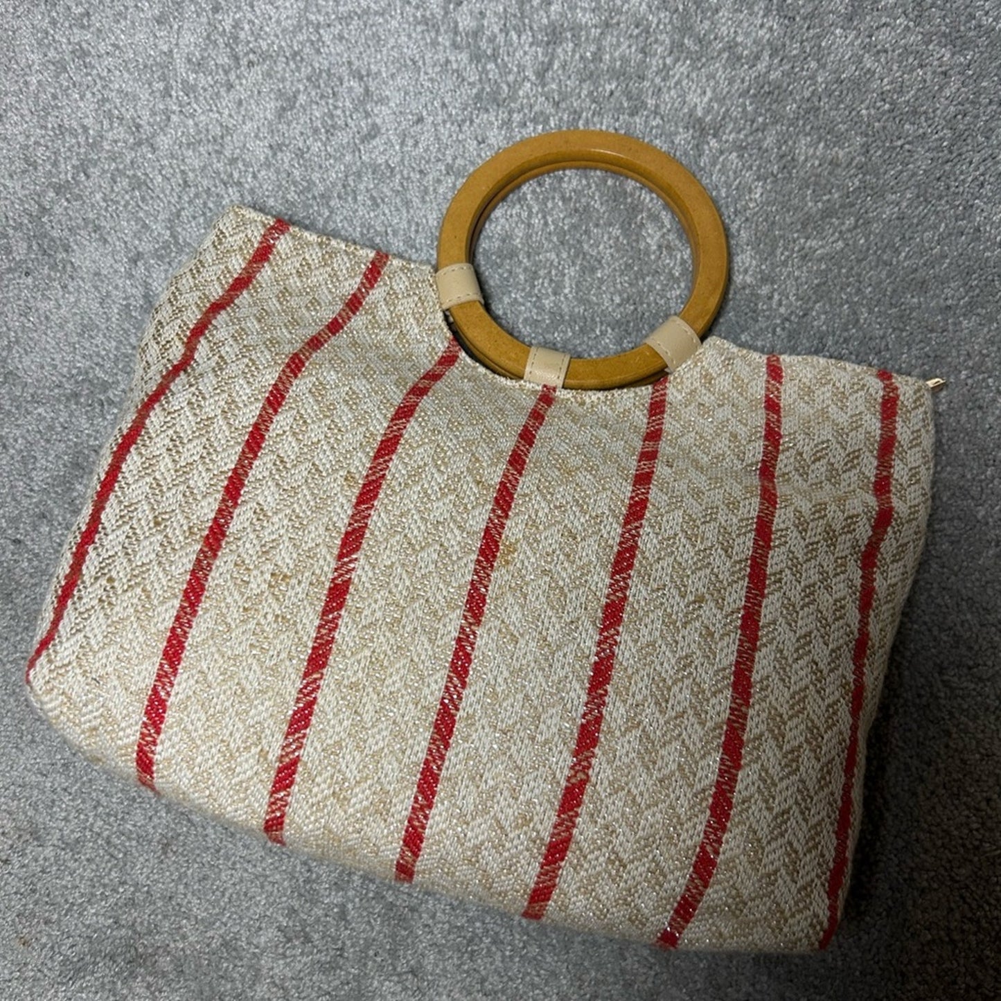 PRELOVED♡ Cream and Red Striped Tote with Bamboo Handle