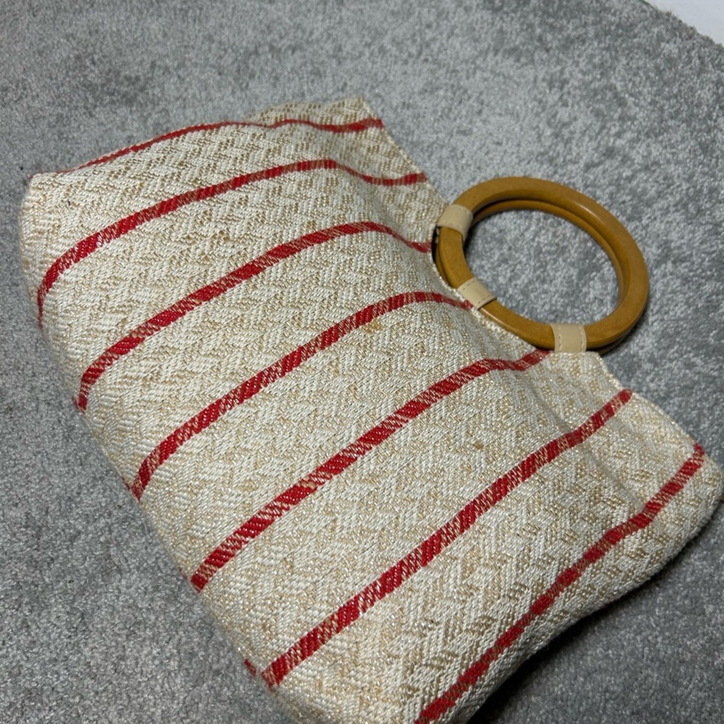 PRELOVED♡ Cream and Red Striped Tote with Bamboo Handle