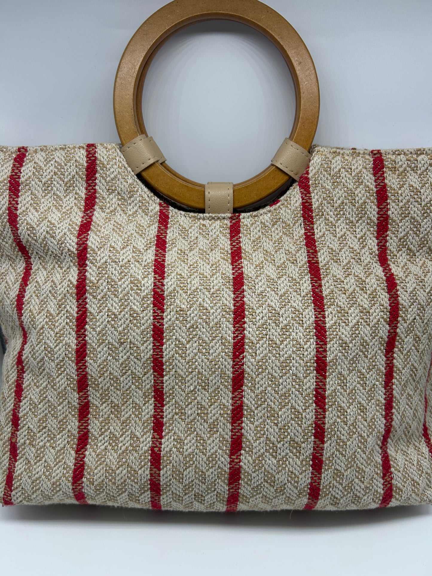 PRELOVED♡ Cream and Red Striped Tote with Bamboo Handle