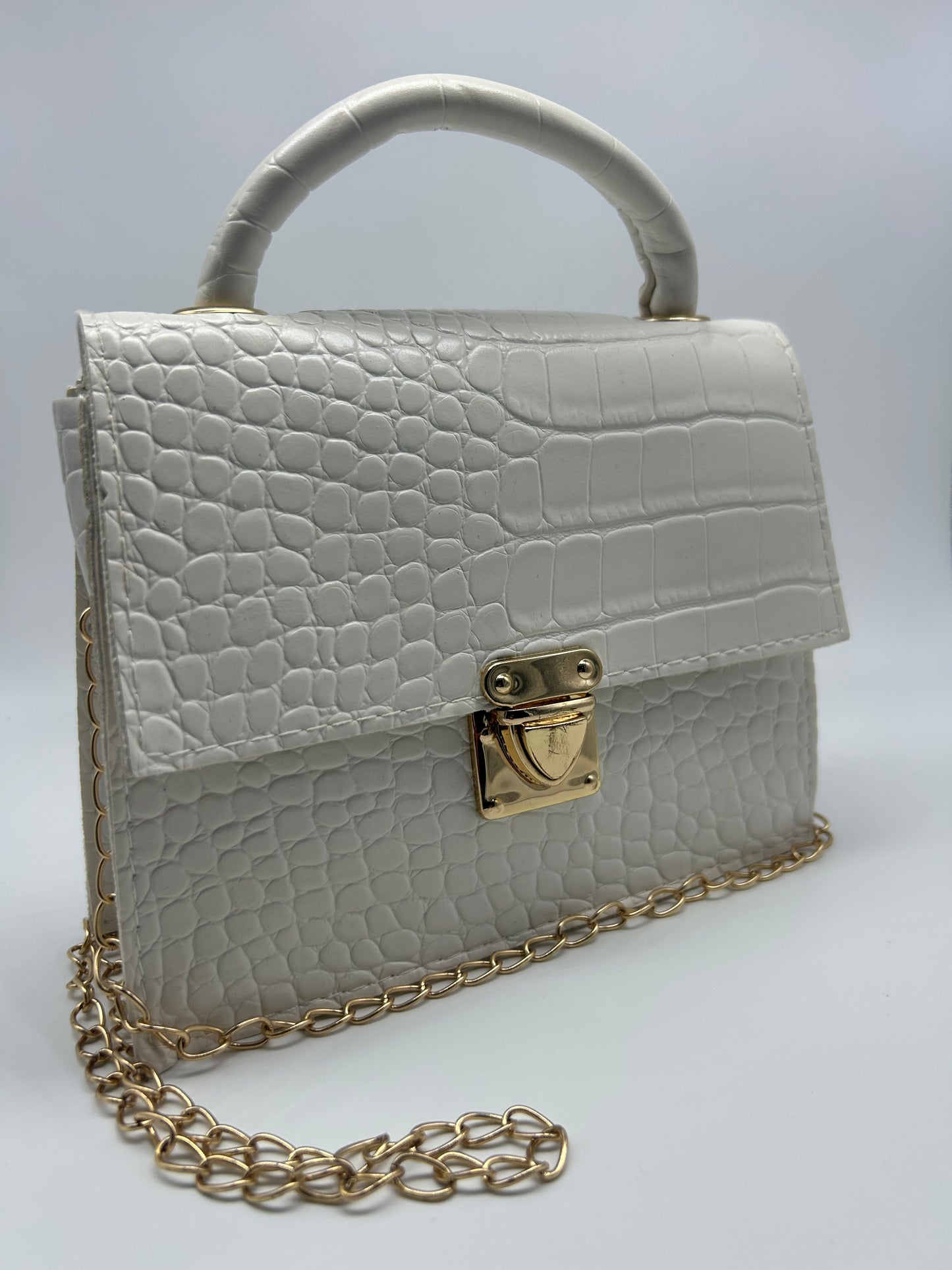PRELOVED♡ White Croc-Embossed Mini Top Handle Chain Bag