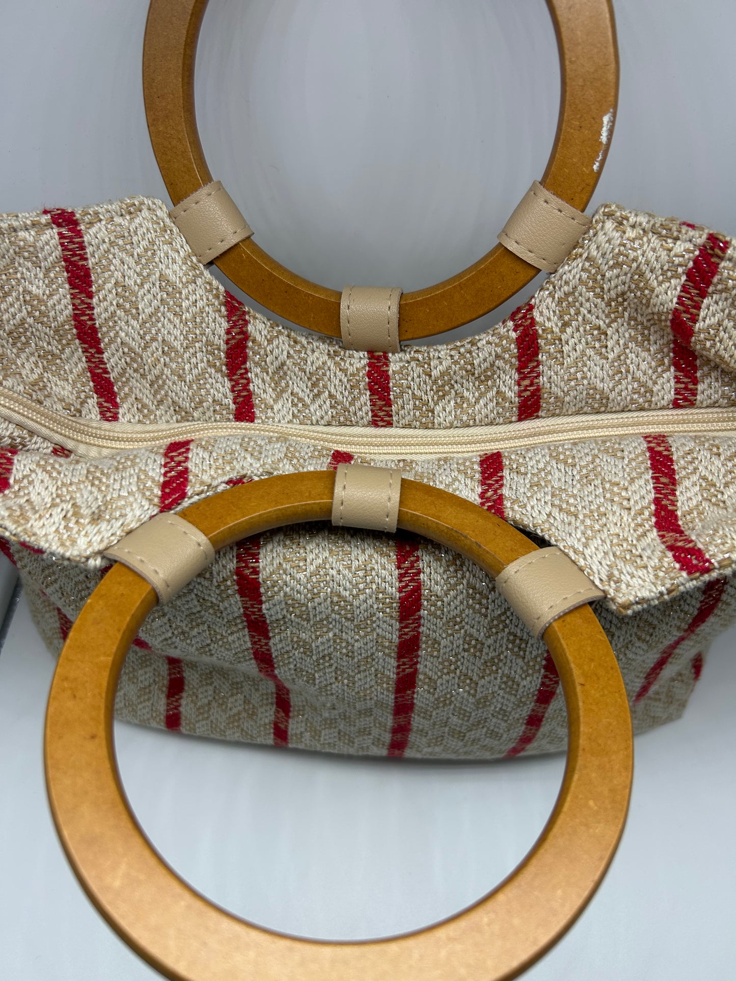 PRELOVED♡ Cream and Red Striped Tote with Bamboo Handle