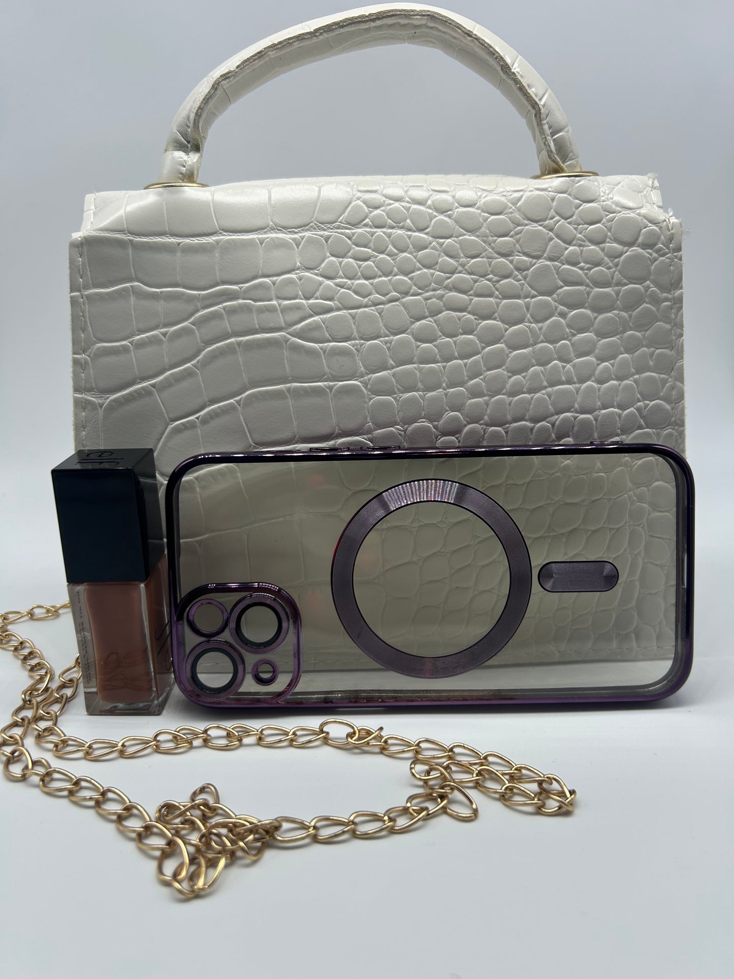 PRELOVED♡ White Croc-Embossed Mini Top Handle Chain Bag