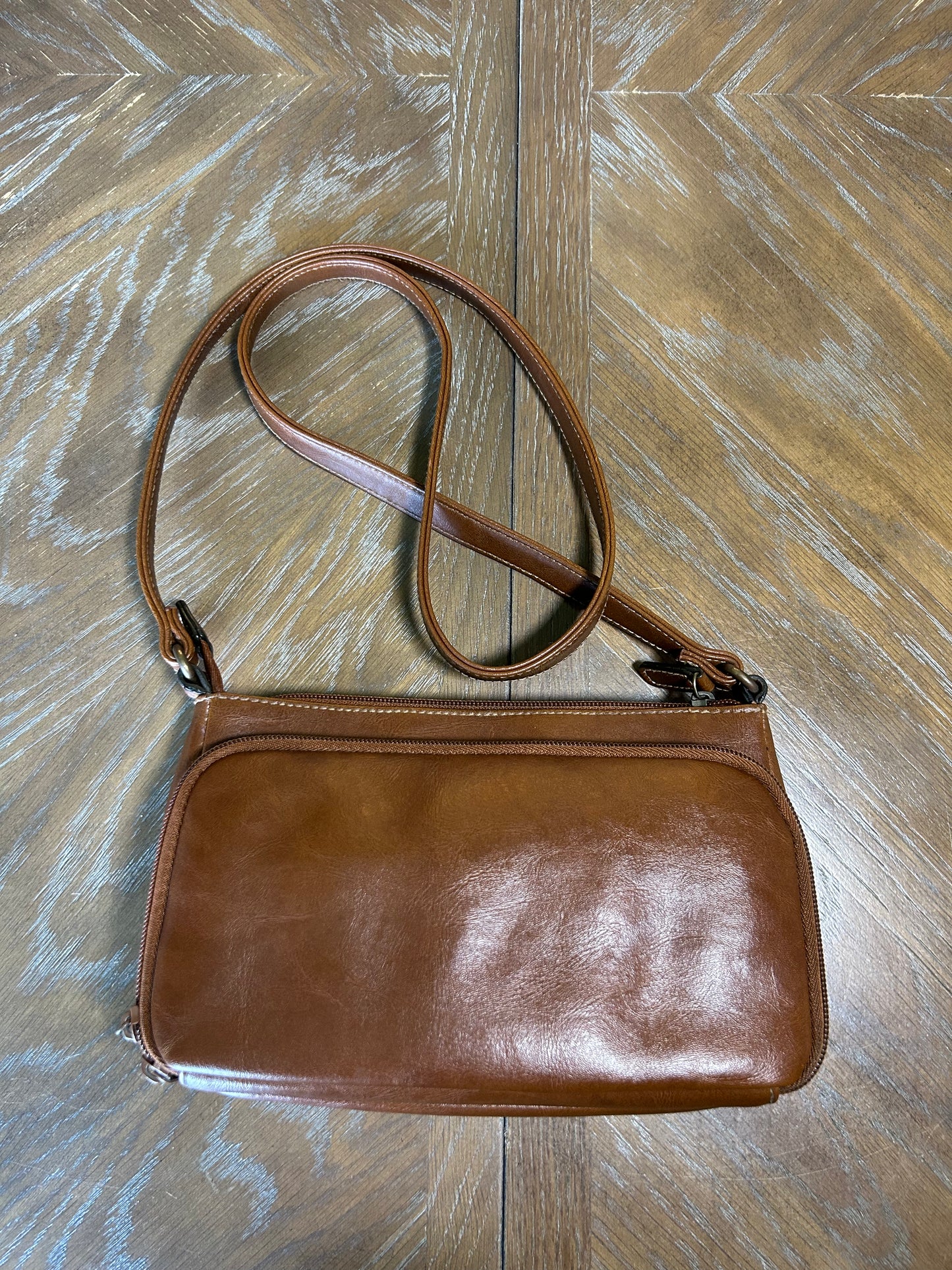 PRELOVED♡ Vintage Brown Faux Leather Organizer Crossbody with Mirror