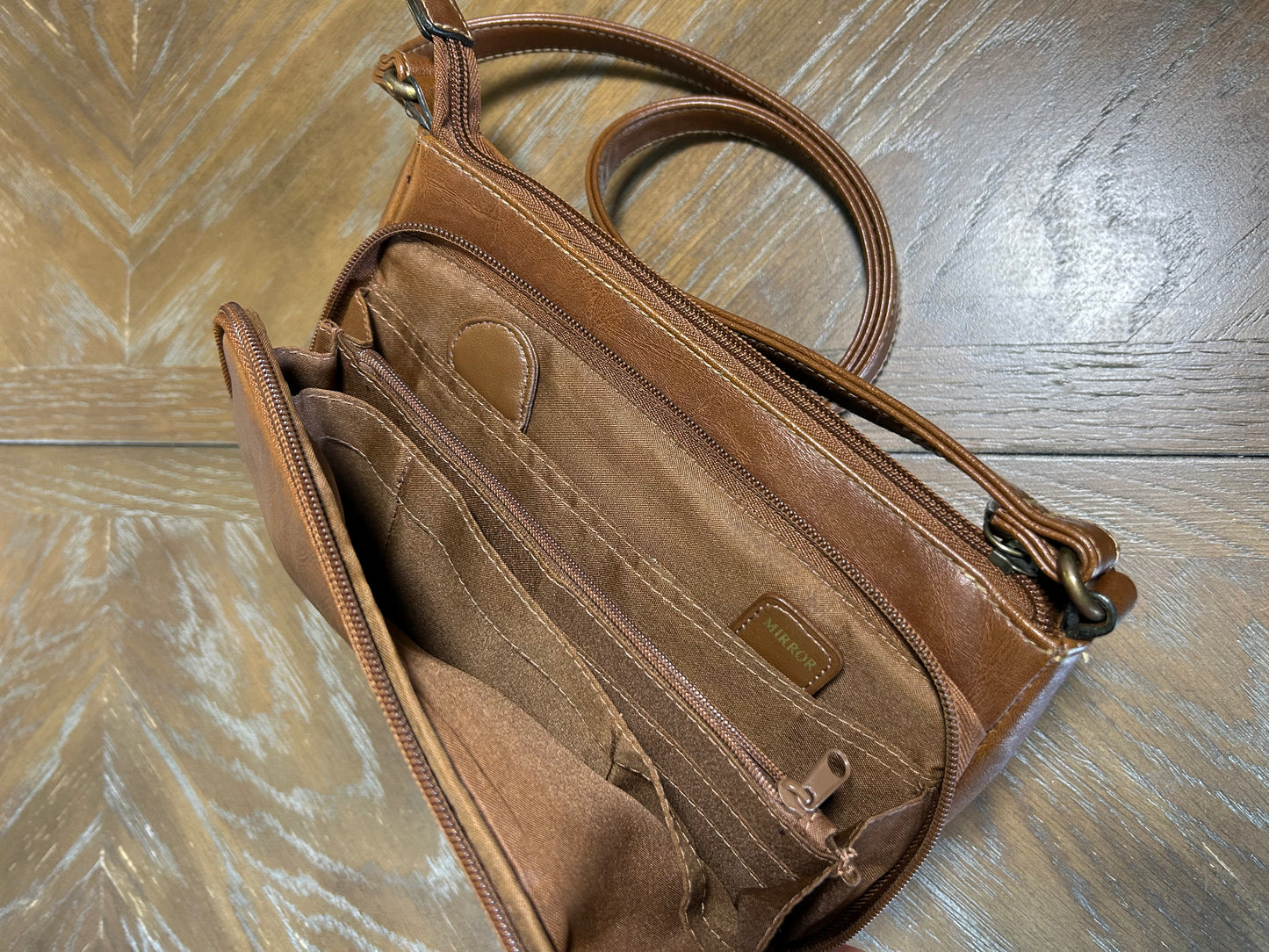 PRELOVED♡ Vintage Brown Faux Leather Organizer Crossbody with Mirror