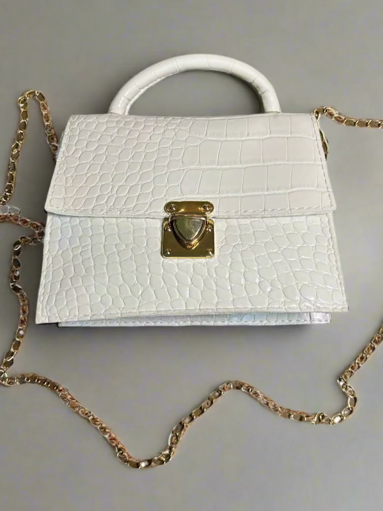 PRELOVED♡ White Croc-Embossed Mini Top Handle Chain Bag