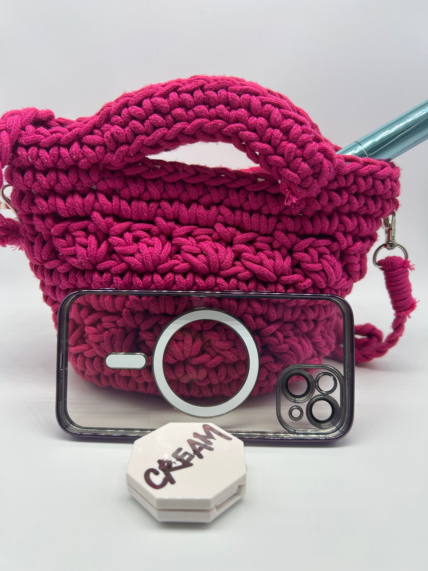 PRELOVED♡  Vibrant Pink Mini Crochet Bag with Textured Design