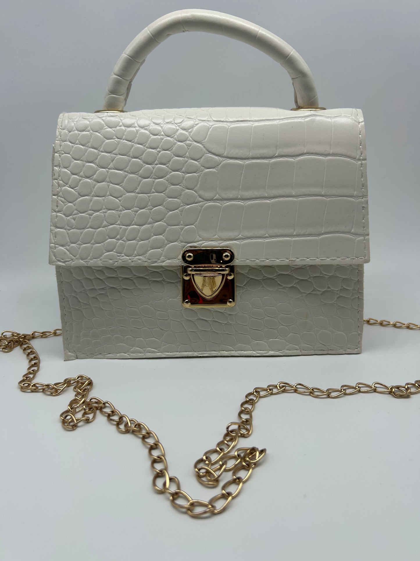 PRELOVED♡ White Croc-Embossed Mini Top Handle Chain Bag